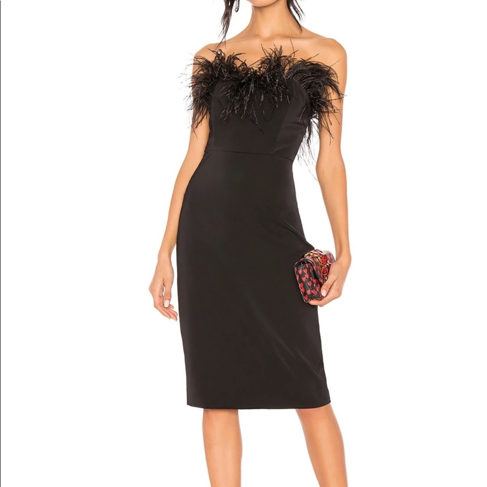 LPA Black Strapless Midi Dress with Feather Trim